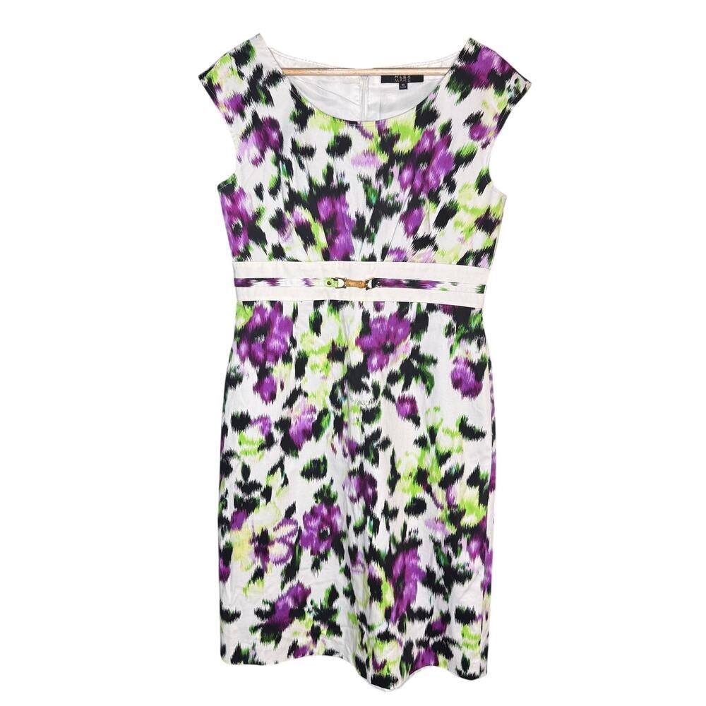 Alex Marie Dress Women's 10 Floral Sheath Purple Green Bamboo Clasp Lined